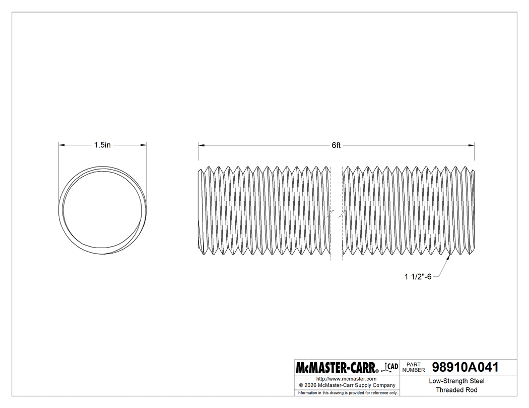 Technical Drawing of Low-Strength Steel Threaded Rod, 1 1/2"-6 Thread Size, 6 Feet Long.